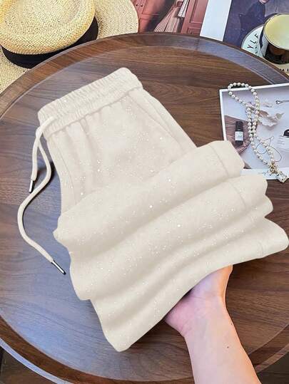 Franclia Pantalones casuales de pierna ancha recta con cintura elástica y estampado de estrella plateada