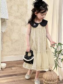 DAZY Elegantes Sommerkleid für Kleine Mädchen mit Farbblock Pailletten-Mesh-Kragen - Aprikosenfarben - Übersicht 1
