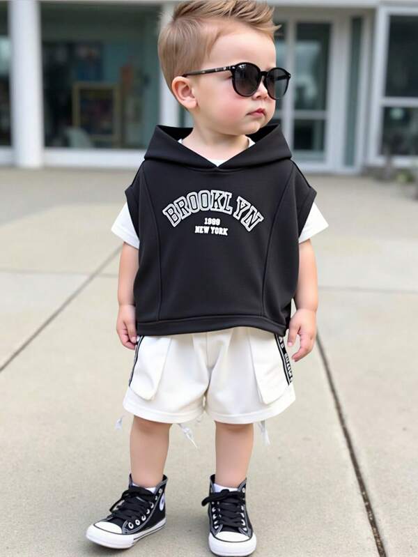 Babyboy Summer Casual Sports Cute Letter Pattern Black Tank Top & White Cargo Elastic Waist Shorts Set, Korean Style