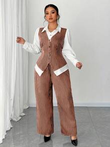 Celure Plus Size Women's Button Striped Patchwork Contrast Color Blouse And Striped Pants Two Pieces Set, Elegant Office Wear - Brown - View 5