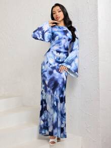 Veilorie 女士优雅花卉印花喇叭袖阿拉伯风格长裙