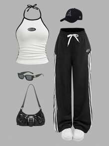 SHEIN 2 Stücke/Set für Teenager Mädchen Lässiger Sport Buchstaben & Symbol Muster weiß ärmellos Strick-Trägertop und weite Hose mit Kordel Dekor, vielseitige Sommer Mode