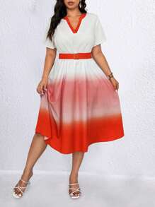 SHEIN Clasi Plus Size Women Ombre Print Cut-Out Neck Contrast Color Short Sleeve Elegant Dress - Multicolor - View 5