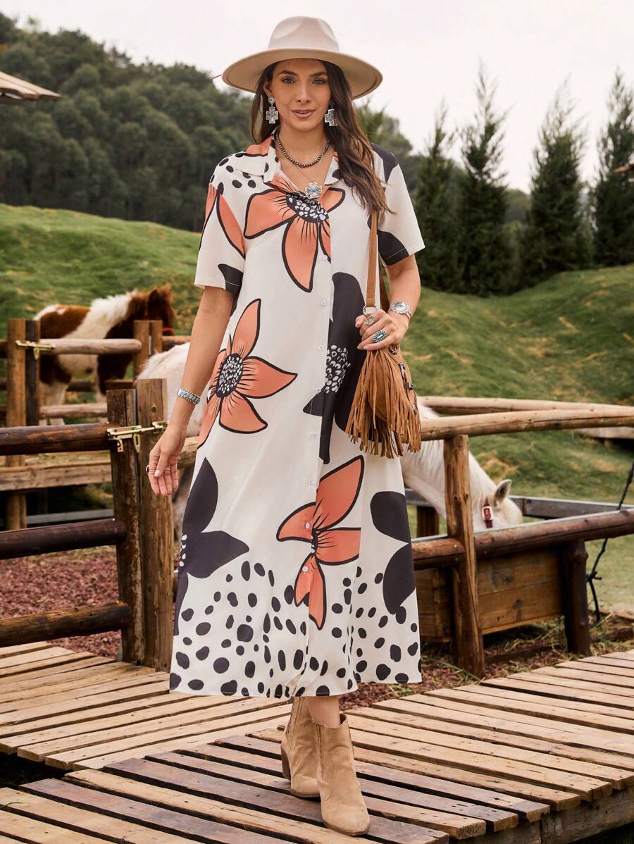 LanaWest 女士印花 H 宽松度假休闲短袖衬衫裙 - 彩色 - 查看 1