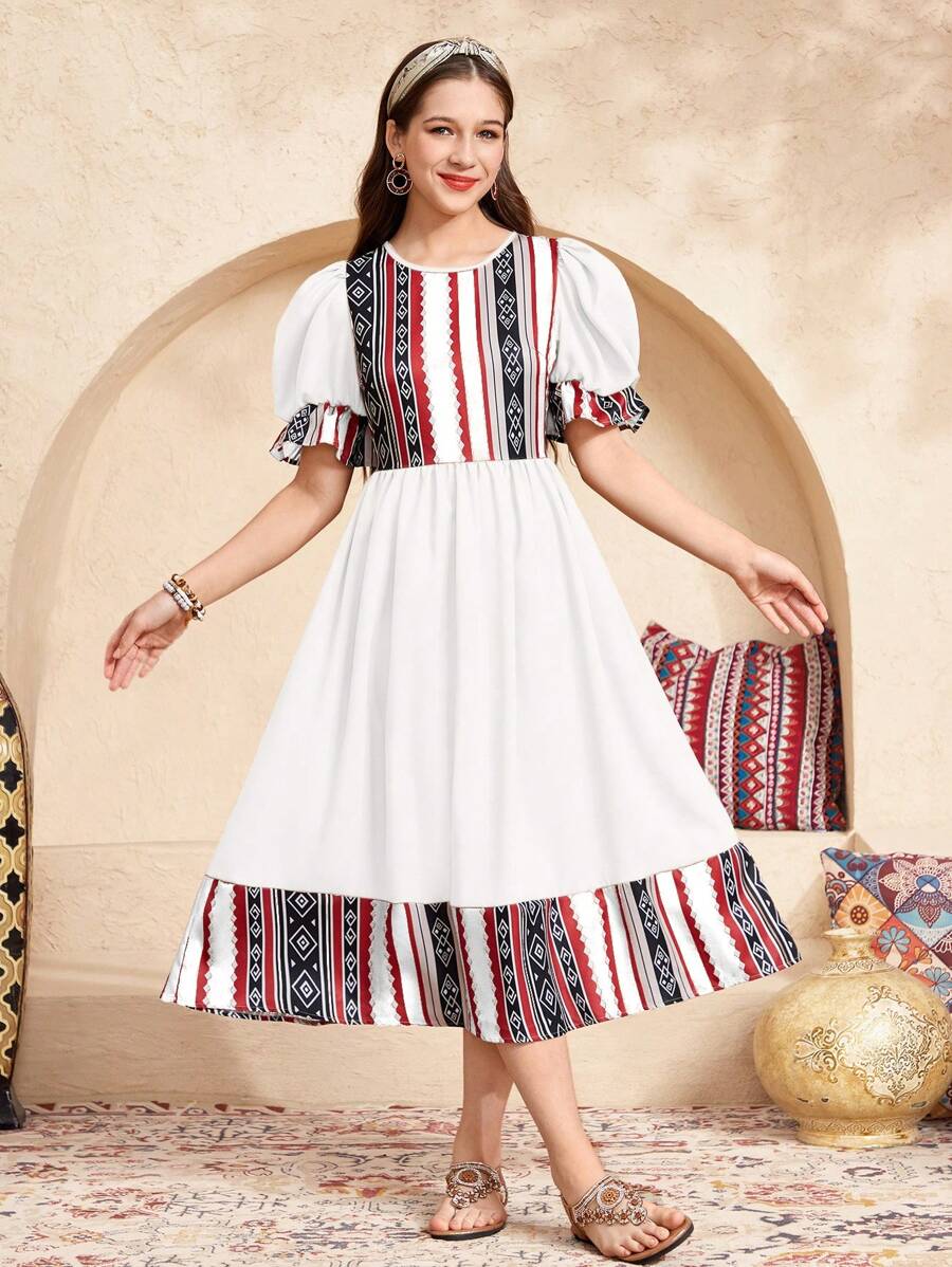 SHEIN 少女休闲圆领几何拼布纯色泡泡袖连衣裙 - 白色 - 查看 1