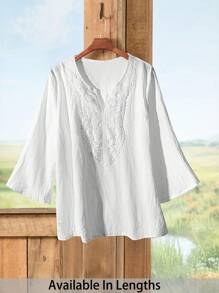 SHEIN PETITE CURVE Plus Size Vacation Casual Solid Color Lace Patchwork Blouse - White - View 1