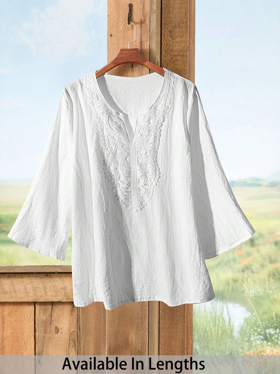 SHEIN PETITE CURVE Plus Size Vacation Casual Solid Color Lace Patchwork Blouse - White - View 1
