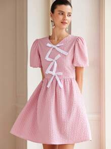 Aveloria Rosie Women's Mini Dress Solid Color Short Sleeve With Bow Decor   For Summer - Multicolor - View 1