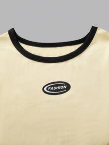 2 件套青少年女孩休闲运动字母与图标图形印花白色长袖针织 T 恤和阔腿裤配抽绳运动服 - 杏色 - 查看 3