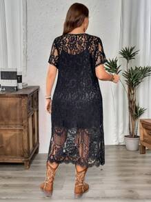 SHEIN LUNE Vestido casual de encaje con cuello redondo y manga corta recto para mujer de talla grande, conjuntos de ropa de verano para vacaciones