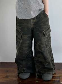 DAZY 小男孩迷彩工装口袋宽松阔腿休闲牛仔裤，秋季服装 - 軍綠色 - 查看 5