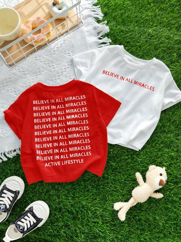 SHEIN 2Pcs/Set Toddler Boy Summer Casual Sporty Street Cool English Graphic Oversized Loose Fit Crew Neck Short Sleeve Neon Green T-Shirt And White T-Shirt, Suitable For Daily, School, Travel, Sports, Spring/Summer