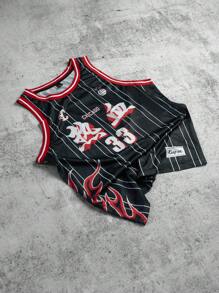 Manfinity EMRG Men's Street Style Academic Sports High Street Niche Basketball Jersey. Mesh Tank Top With Digital Prints Of The Number 33, Creatively Designed With Chinese Characters And Basketball Flame - Black - View 5