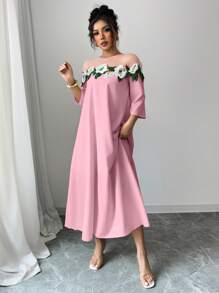 Elenzga Women's Romantic Mesh Patchwork Floral Embroidered 3/4 Sleeve Dress - Baby Pink - View 4