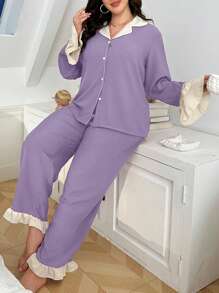 SHEIN Conjunto de pijama de manga larga con cuello con volantes, pantalones largos y colores contrastantes en talla grande