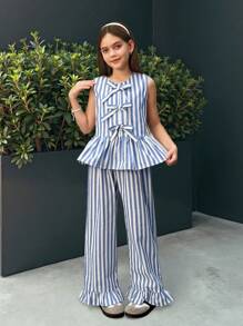 SHEIN Leap Crew Conjunto de 2 piezas para niñas preadolescentes con blusa sin mangas de cuello redondo con volantes y rayas + pantalones anchos de pierna suelta, para uso casual de resort - Azul - Ver 5