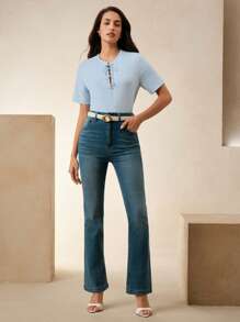 Anewsta Elaire Old Money Modesty Short Sleeve Drawstring Crew Neck Casual Pullover Top, Commuter Minimalist Design, Women Spring/Summer Business Casual - Blue - View 4