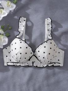 Dream Adore Fresh, Innocent, Cute Polka Dot Bow Contrast Color 3/4 Cup Underwired Molded Cup Bra With Ruffle Trim, Women's Lingerie Bra In Black & White Bowknot