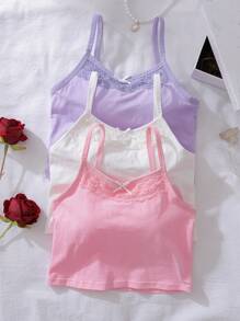 3pcs Cotton Dopamine Lace Patchwork Bow Strap Camisole Top For Pre-Teens Girls