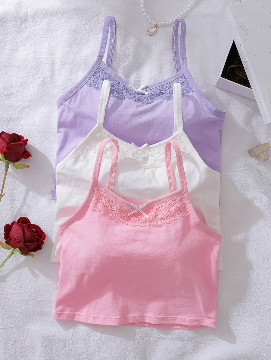 3pcs Cotton Dopamine Lace Patchwork Bow Strap Camisole Top For Pre-Teens Girls