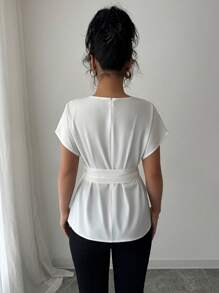 Elenzga Blusa donna primaverile/estiva, design di nicchia minimalista, con collo tondo, maniche a campana, vita stretta e effetto snellente