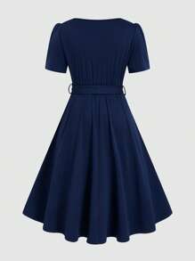 SHEIN Clasi Abito a maglia con scollo a barca, maniche corte, vita con cintura, taglie forti, colore blu navy, elegante per primavera ed estate