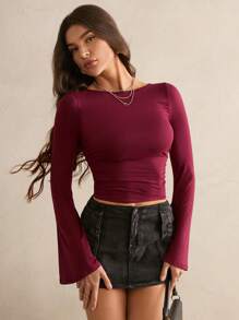 SHEIN Tall Women Solid Color Round Neck Flared Sleeve Slim Fit T-Shirt - Burgundy - View 6