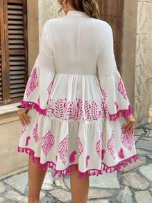 SHEIN Holidaya Plus Size Deep V-Neck Bohemian Style Vacation Halter Tassel Floral Hem Dress, Spring/Summer