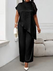 SHEIN Lady Two Pieces Women's Suit Summer Two Pieces Casual And Elegant Women's White Woven Stand-Up Collar Elegant Layered Women's Suit Fashionable Women's Two Pieces Suit Women's Casual Plus Size Matching Summer Tops Lounge Sets For Women Spring Outfits For Women Cruise Outfits Women - Black - View 1