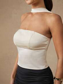 Silquee Ärmellose, sexy, elegante Halter-Neck Bluse für Frauen, weiß, apricotfarben, geeignet für Strandurlaub, figurbetontes Design, satin-graziöse Blusen, Frühling/Sommer, Basic, süßer Sommertop, Brunch, Flughafen, Frauen Sommer, elegante Satinbluse, weiße Abschlussfeier, trägerloses Top, Festival - Weiss - Übersicht 6