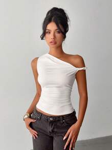 Women Solid Color Pleated Asymmetric Collar Slim Fit Casual Blouse - White - View 1