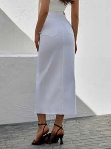 Letter Patched Split Thigh Denim Skirt