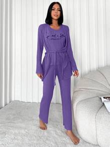 RueChic Slogan Graphic Tank Top & Belted Coat & Pants Lounge Set - Purple - View 3