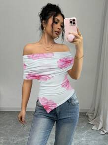 SHEIN Unity 女士夏季优雅花卉印花露肩不对称下摆 T 恤 - 彩色 - 查看 5