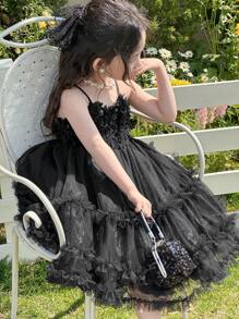 DAZY Girls Black Mesh Slip Dress, Summer - Black - View 4