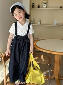 DAZY Young Girl Pleated Wide Leg Loose Casual Denim Bib Pants, Spring/Summer - Blue - View 5