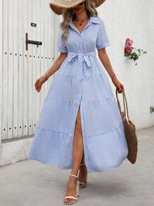 SHEIN PETITE Women's Casual Vacation Blue Striped Polo Collar Short Sleeve Self-Tie Belt Maxi Swing Dress