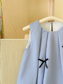 年轻女孩纯色针织圆领修身休闲无袖连衣裙 - 藍色 - 查看 7