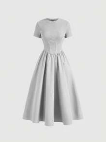 SHEIN MOD 灰色鱼骨印花中长连衣裙