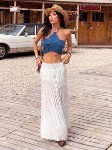 SHEIN EZwear Top de damă, decupat, sexy, cu stele cu cinci colțuri, cu gât în picioare - Albastru - Vizualizare 3