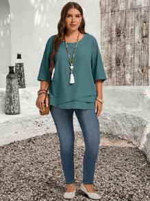 EMERY ROSE Plus Size Asymmetric Hem Blue Green Country Shirts Fall Clothes - Baby Blue - View 5