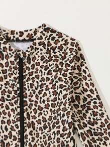 Traje de baño de una pieza con cremallera frontal de manga larga con estampado de leopardo, informal, para niña - Negro - Ver 4