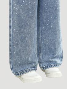 Girls Rhinestone Decor Straight Leg Jeans, Fashionable & Versatile - Medium Wash - View 4