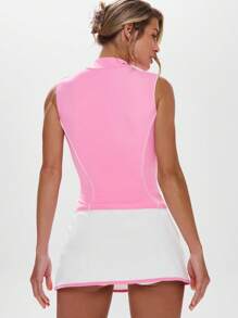 Musera Sport High Neck Contrast Piping Zip Through Sleeveless Vest Active Workout Gym ,Padel Tennis Racquetball Pickleball Gym Fitness - Multicolor - View 3