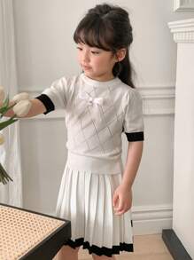 DAZY Young Girl Bow Decor Contrast Color Short Sleeve Knit Sweater And Pleated Knitted Skirt 2 Pieces Set,Girls Summer Outfits - White - View 1