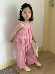 DAZY 2pcs/Set Young Girls Knit Vest And Long Pants Set, Summer - Pink - View 1