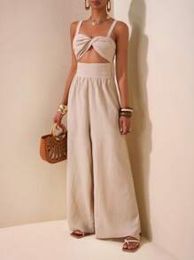 Zivah 2025新款春夏休闲度假扭纹吊带镂空后背纹理面料女长款阔腿裤卡其色婚礼季音乐节派对街头沙滩海边度假波西米亚风-A - 卡其色 - 查看 5