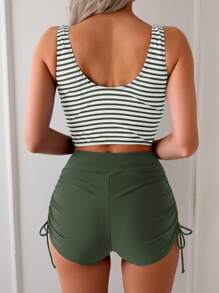 SHEIN Swim Hot Selling Striped Print Tankini Set, Split Bottom Side Tie Shorts Beach Holiday Swimsuit, Vacation Beach Party Camisole Top And Bottoms