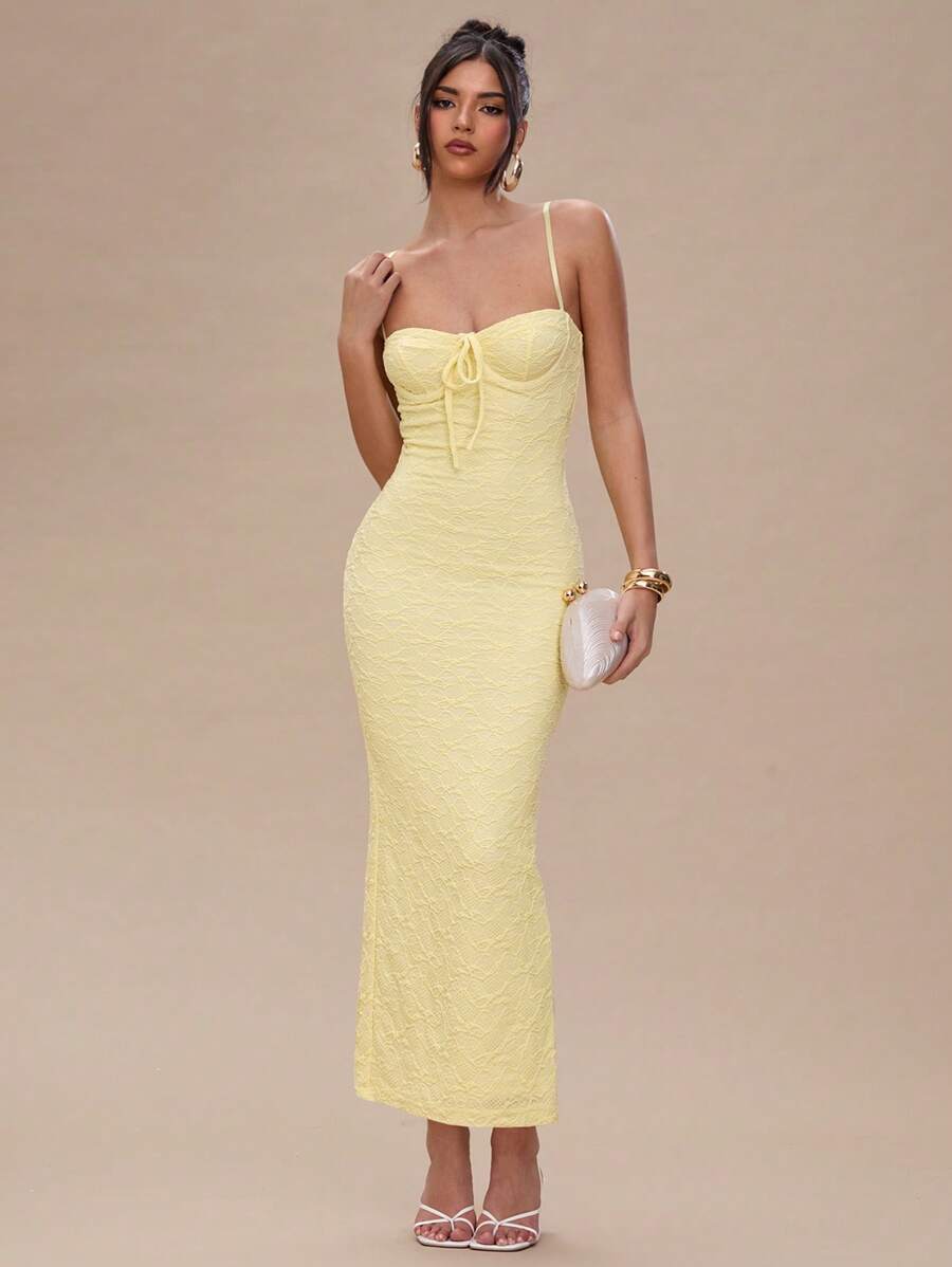 SHEIN BAE Women's Summer Clothing Solid Yellow Suspenders Texture Knitted Slim Hip-Wrapped Ladies Maxi Dress/Summer Dresses For Women/Prom Dress/Wedding Guest Dress Women/Butter Yellow Dress,Rave Outfits Festival