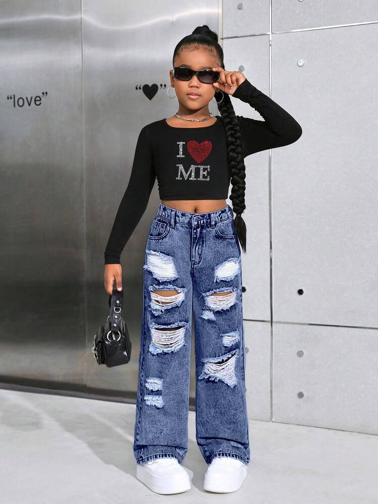 SHEIN Tween Girl Y2K Stonewashed Street Style Baggy Ripped Straight Leg Jeans, Girls Fall - Dark Wash - View 4
